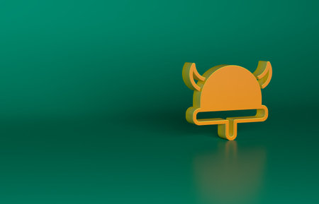 Orange Viking in horned helmet icon isolated on green background. Minimalism concept. 3D render illustrationの写真素材