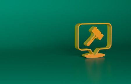 Orange Auction hammer icon isolated on green background. Gavel - hammer of judge or auctioneer. Bidding process, deal done. Auction bidding. Minimalism concept. 3D render illustrationの写真素材
