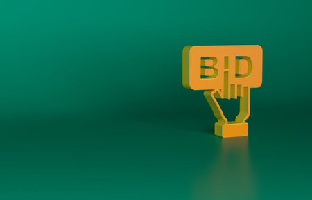 Orange Bid icon isolated on green background. Auction bidding. Sale and buyers. Minimalism concept. 3D render illustrationの写真素材