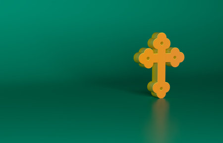 Orange Christian cross icon isolated on green background. Church cross. Minimalism concept. 3D render illustrationの写真素材