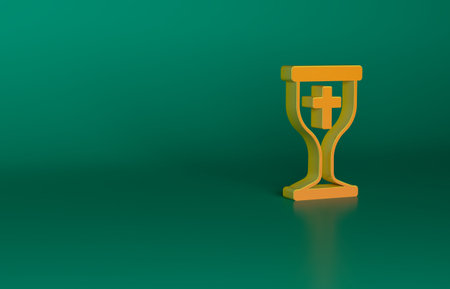 Orange Christian chalice icon isolated on green background. Christianity icon. Happy Easter. Minimalism concept. 3D render illustrationの写真素材