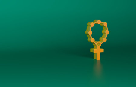Orange Rosary beads religion icon isolated on green background. Minimalism concept. 3D render illustrationの写真素材