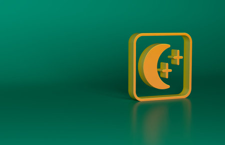 Orange Moon and stars icon isolated on green background. Cloudy night sign. Sleep dreams symbol. Full moon. Night or bed time sign. Minimalism concept. 3D render illustrationの写真素材