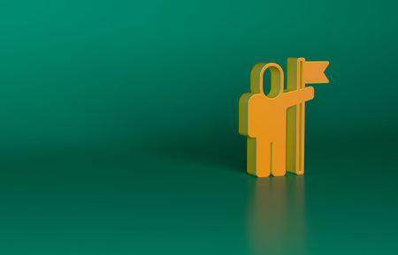 Orange Man holding flag icon isolated on green background. Victory, winning and conquer adversity concept. Minimalism concept. 3D render illustrationの写真素材