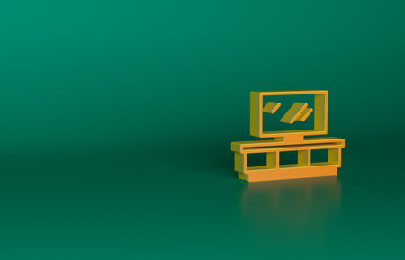 Orange TV table stand icon isolated on green background. Minimalism concept. 3D render illustrationの写真素材