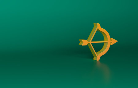 Orange Bow and arrow icon isolated on green background. Cupid symbol. Love sign. Happy Valentines day. Minimalism concept. 3D render illustrationの写真素材
