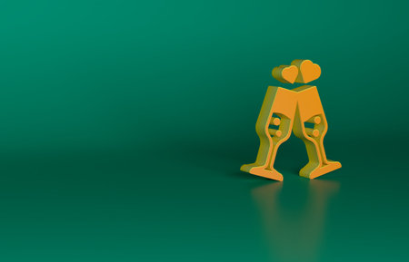 Orange Glass of champagne icon isolated on green background. Happy Valentines day. Minimalism concept. 3D render illustrationの写真素材