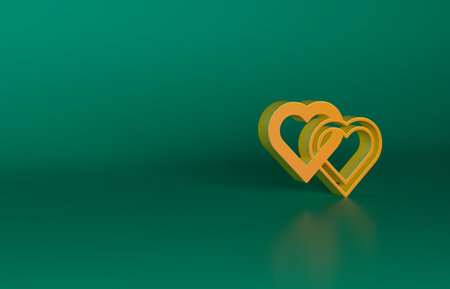 Orange Two Linked Hearts icon isolated on green background. Romantic symbol linked, join, passion and wedding. Valentine day. Minimalism concept. 3D render illustrationの写真素材