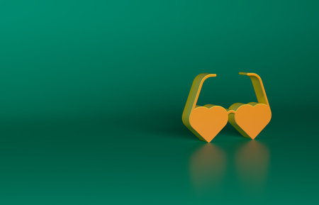 Orange Heart shaped love glasses icon isolated on green background. Suitable for Valentine day card design. Minimalism concept. 3D render illustrationの写真素材