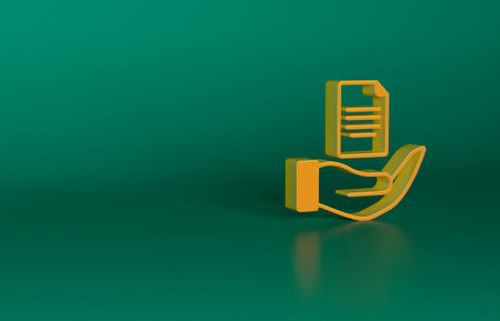 Orange Contract in hand icon isolated on green background. Insurance concept. Security, safety, protection, protect concept. Minimalism concept. 3D render illustrationの写真素材