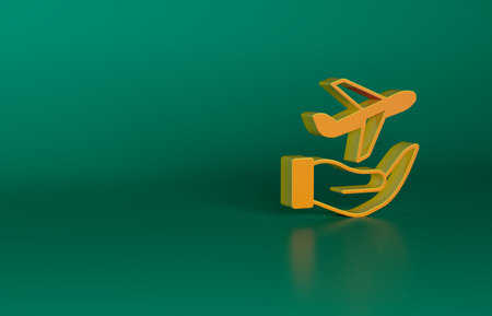 Orange Plane in hand icon isolated on green background. Flying airplane. Airliner insurance. Security, safety, protection, protect concept. Minimalism concept. 3D render illustrationの写真素材
