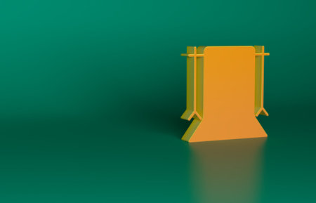 Orange Empty photo studio icon isolated on green background. Screen backdrop. Minimalism concept. 3D render illustrationの写真素材