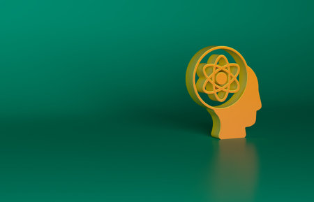 Orange Atom icon isolated on green background. Symbol of science, education, nuclear physics, scientific research. Minimalism concept. 3D render illustrationの写真素材