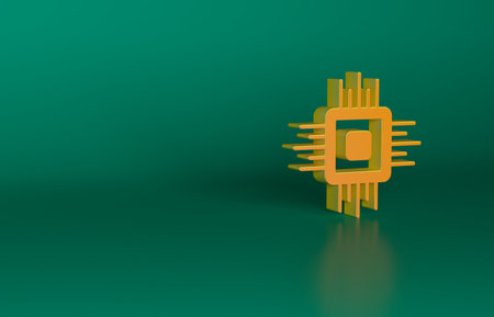 Orange Computer processor with microcircuits CPU icon isolated on green background. Chip or cpu with circuit board. Micro processor. Minimalism concept. 3D render illustrationの写真素材