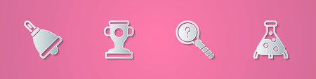 Set paper cut Ringing bell, Award cup, Unknown search and Test tube and flask icon. Paper art style. Vectorのイラスト素材