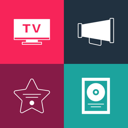 Set pop art CD disk award in frame, Walk of fame star, Megaphone and Smart Tv icon. Vectorのイラスト素材