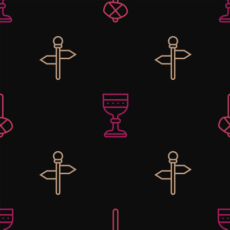 Set line Stone age hammer, Road traffic signpost and Medieval goblet on seamless pattern. Vectorのイラスト素材