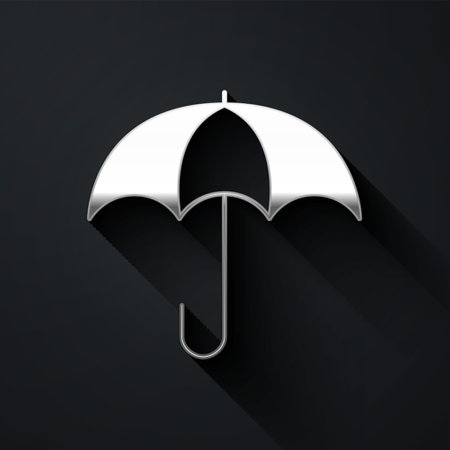 Silver Umbrella icon isolated on black background. Insurance concept. Waterproof icon. Protection, safety, security concept. Long shadow style. Vectorのイラスト素材