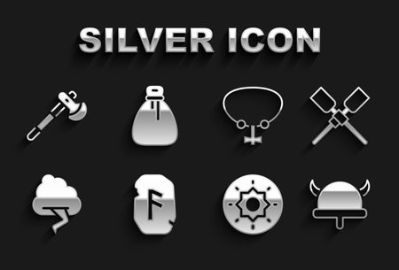 Set Magic rune, Oars or paddles boat, Viking in horned helmet, Shield viking, Cloud and lightning, Necklace with gem, Wooden axe and Old money bag icon. Vectorのイラスト素材