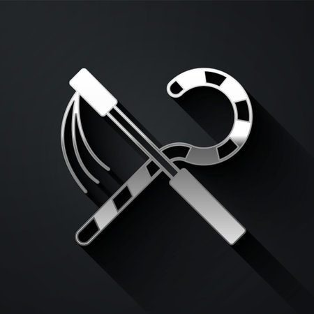 Silver Crook and flail icon isolated on black background. Ancient Egypt symbol. Scepters of egypt. Long shadow style. Vectorのイラスト素材