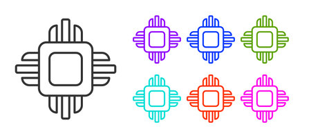 Black line Computer processor with microcircuits CPU icon isolated on white background. Chip or cpu with circuit board. Micro processor. Set icons colorful. Vectorのイラスト素材