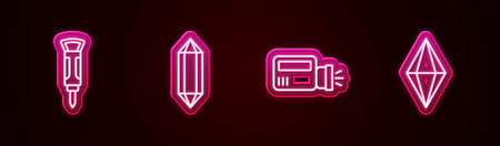 Set line Construction jackhammer, Gem stone, Flashlight and . Glowing neon icon. Vector