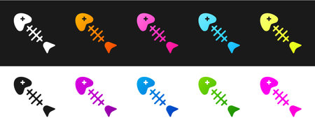 Set Fish skeleton icon isolated on black and white background. Fish bone sign. Vectorのイラスト素材