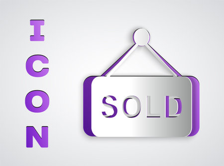 Paper cut Hanging sign with text Sold icon isolated on grey background. Auction sold. Sold signboard. Bidding concept. Auction competition. Paper art style. Vectorのイラスト素材