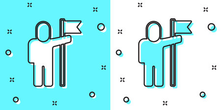 Black line Man holding flag icon isolated on green and white background. Victory, winning and conquer adversity concept. Random dynamic shapes. Vectorのイラスト素材