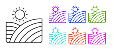 Black line Vineyard wine grapes hills farm icon isolated on white background. Vine plantation hills landscape. Set icons colorful. Vectorのイラスト素材