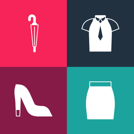 Set pop art Skirt, Woman shoe, Shirt and Umbrella icon. Vectorのイラスト素材