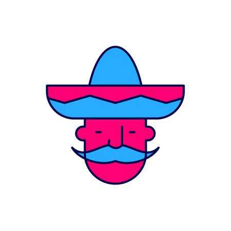 Filled outline Mexican man wearing sombrero icon isolated on white background. Hispanic man with a mustache. Vectorのイラスト素材
