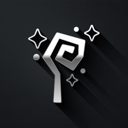 Silver Magic staff icon isolated on black background. Magic wand, scepter, stick, rod. Long shadow style. Vectorのイラスト素材
