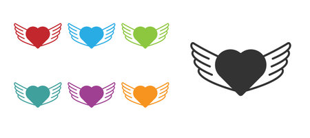 Black Heart with wings icon isolated on white background. Love symbol. Happy Valentines day. Set icons colorful. Vectorのイラスト素材