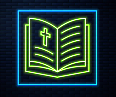 Glowing neon line Holy bible book icon isolated on brick wall background. Vectorのイラスト素材