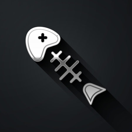 Silver Fish skeleton icon isolated on black background. Fish bone sign. Long shadow style. Vector