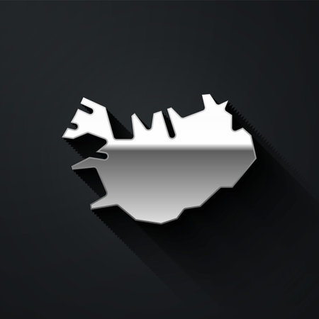 Silver Map of Iceland icon isolated on black background. Long shadow style. Vectorのイラスト素材