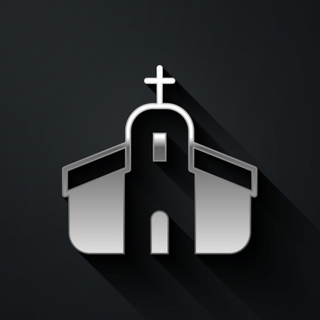 Silver Church building icon isolated on black background. Christian Church. Religion of church. Long shadow style. Vectorのイラスト素材