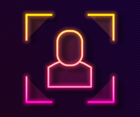 Glowing neon line Camera focus frame line icon isolated on black background. Vectorのイラスト素材