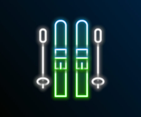 Glowing neon line Ski and sticks icon isolated on black background. Extreme sport. Skiing equipment. Winter sports icon. Colorful outline concept. Vectorのイラスト素材