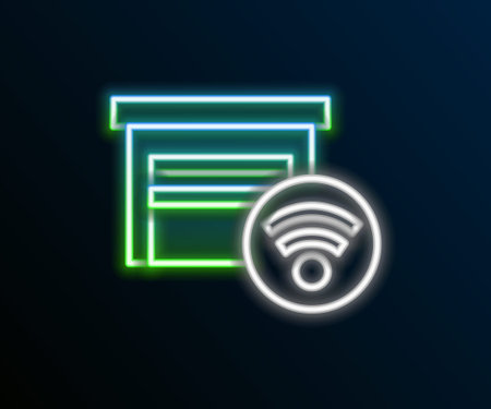 Glowing neon line Smart garage icon isolated on black background. Colorful outline concept. Vectorのイラスト素材