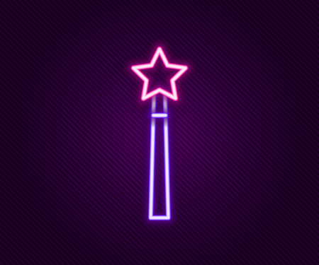Glowing neon line Magic wand icon isolated on black background. Star shape magic accessory. Magical power. Colorful outline concept. Vectorのイラスト素材