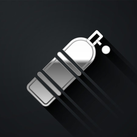 Silver Aqualung icon isolated on black background. Oxygen tank for diver. Diving equipment. Extreme sport. Diving underwater equipment. Long shadow style. Vectorのイラスト素材