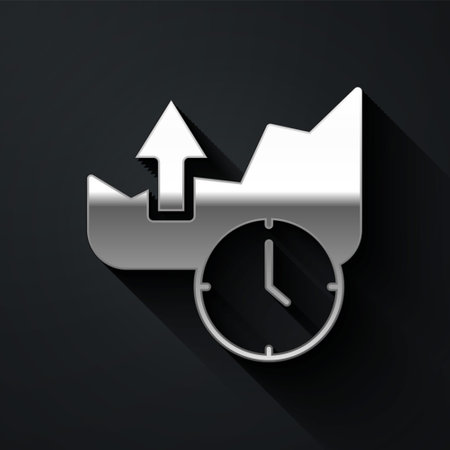 Silver Stocks market growth graphs and money icon isolated on black background. Monitor with stock charts arrow on screen. Long shadow style. Vectorのイラスト素材