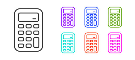 Black line Calculator icon isolated on white background. Accounting symbol. Business calculations mathematics education and finance. Set icons colorful. Vectorのイラスト素材