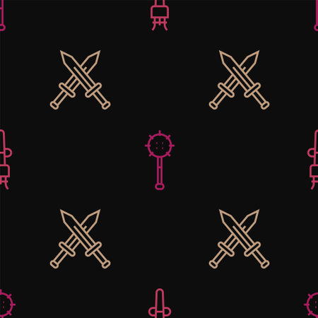 Set line Torch flame, Crossed medieval sword and Medieval chained mace ball on seamless pattern. Vectorのイラスト素材