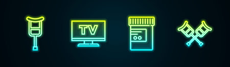 Set line Crutch or crutches, Smart Tv, Medicine bottle and pills and . Glowing neon icon. Vectorのイラスト素材