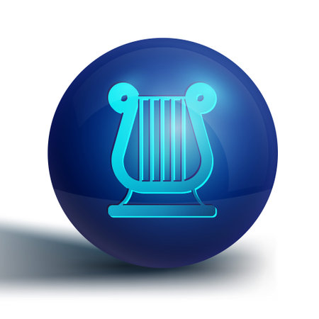Blue Ancient Greek lyre icon isolated on white background. Classical music instrument, orhestra string acoustic element. Blue circle button. Vectorのイラスト素材