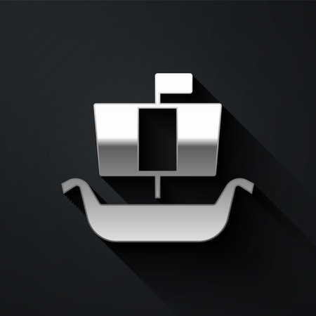 Silver Ancient viking scandinavian drakkar icon isolated on black background. Viking transport ship. Long shadow style. Vectorのイラスト素材