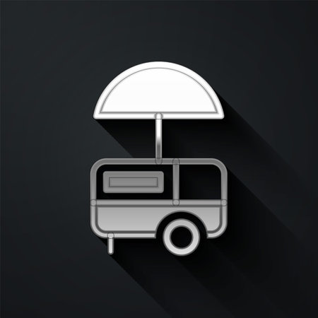 Silver Fast street food cart with awning icon isolated on black background. Urban kiosk. Ice cream truck. Long shadow style. Vectorのイラスト素材